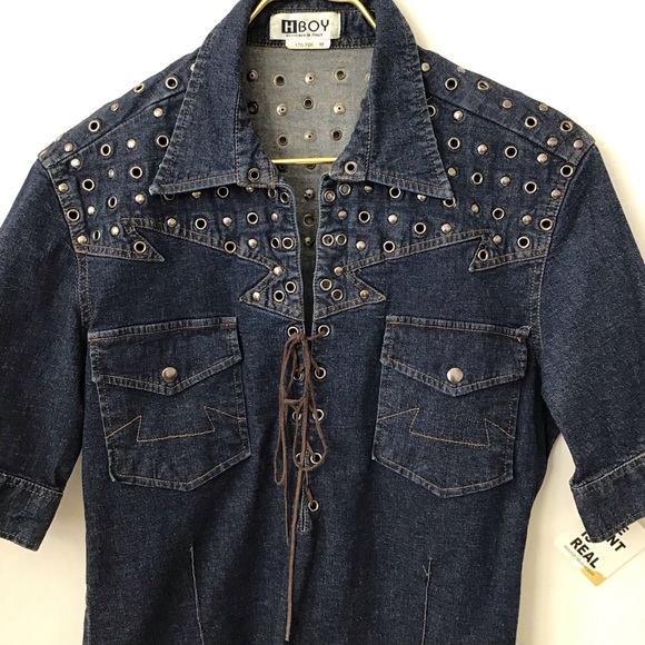 Vintage HBOY dark denim lace up collared shirt with grommets size M - Picture 3 of 6